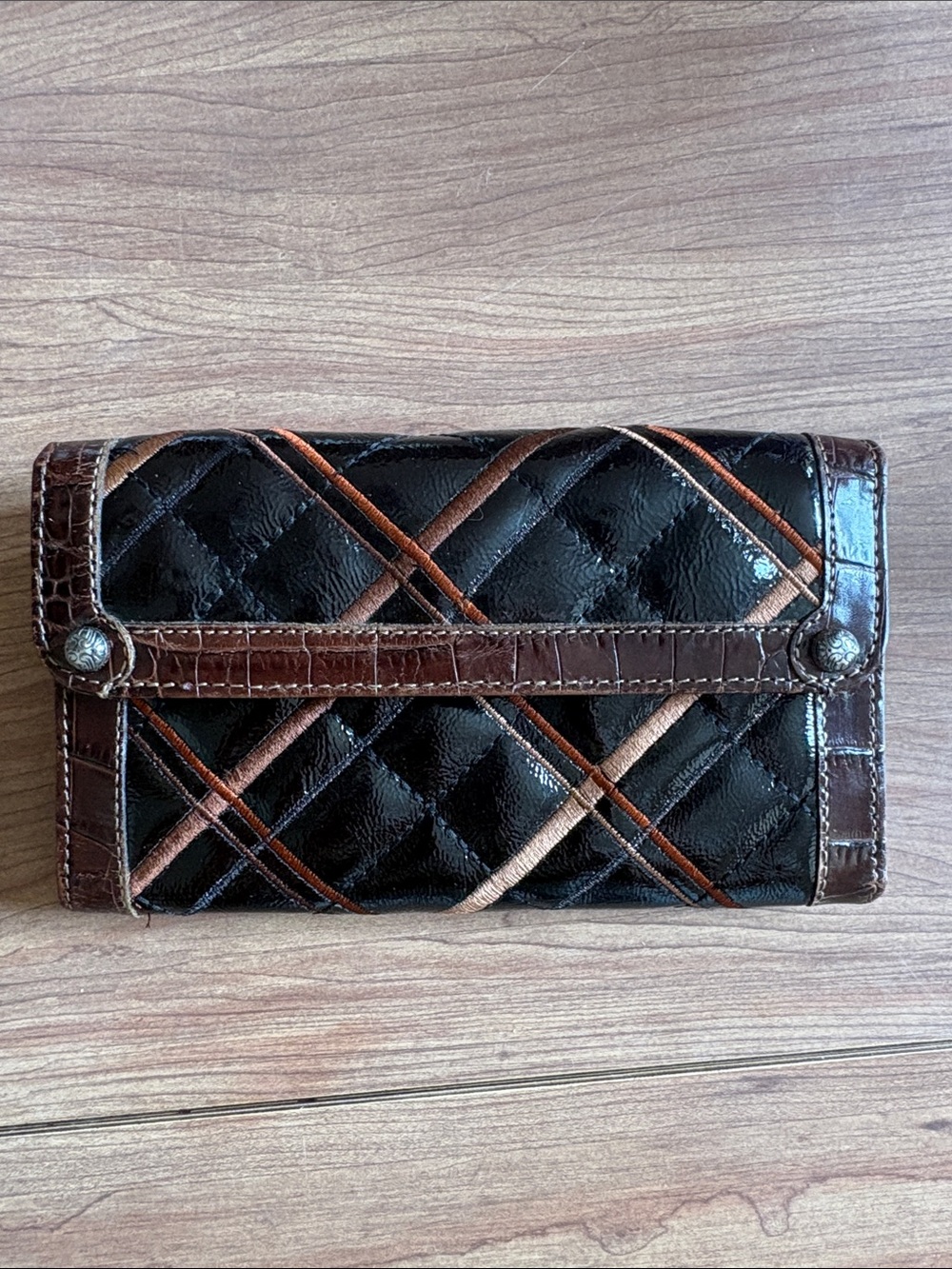 Vintage Brighton “Cher” Black Quilted Wallet with Brown Trim and Copper Accents